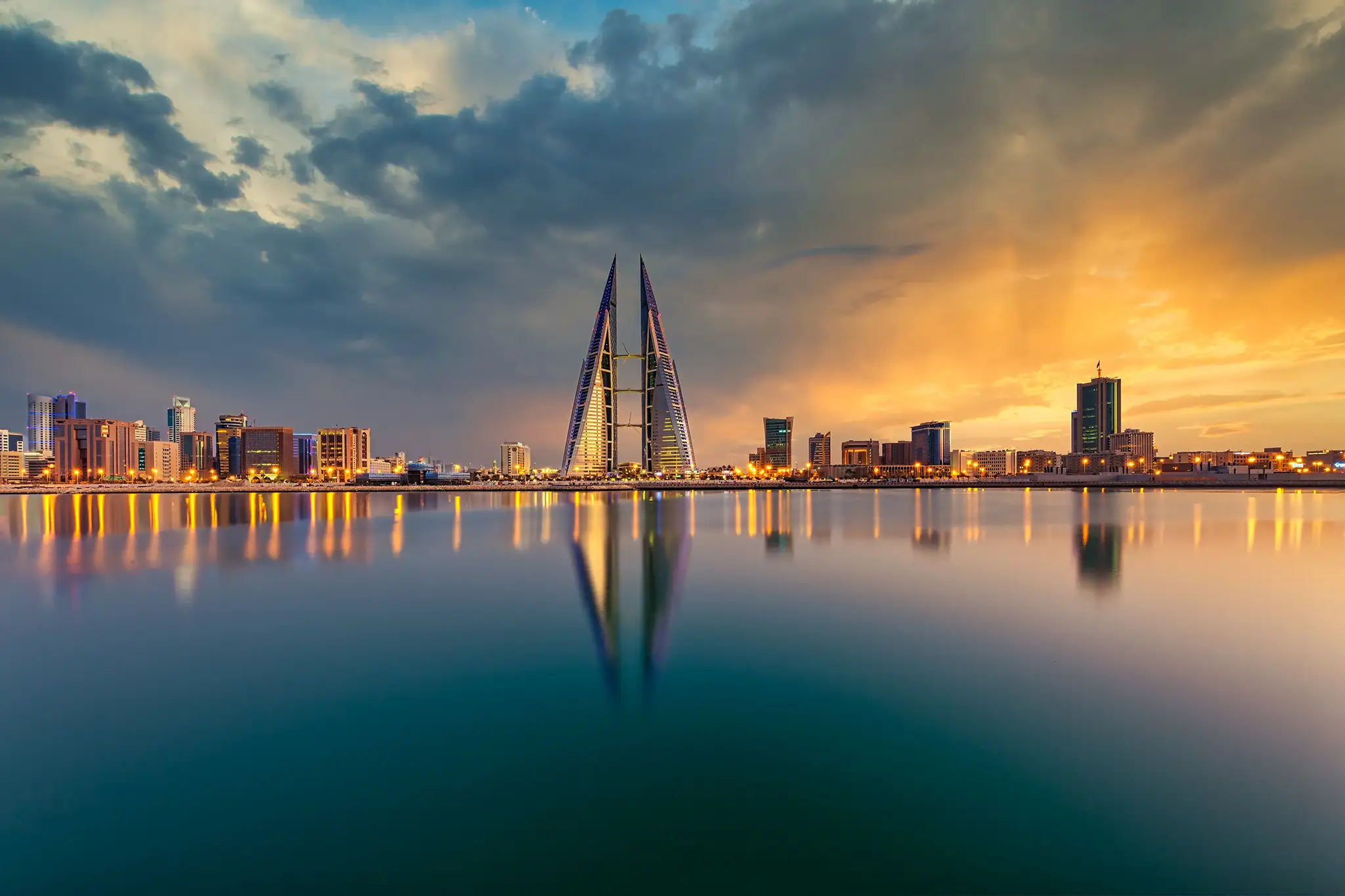 View of Bahrain skyline with World trade center along with a dramatic sky.