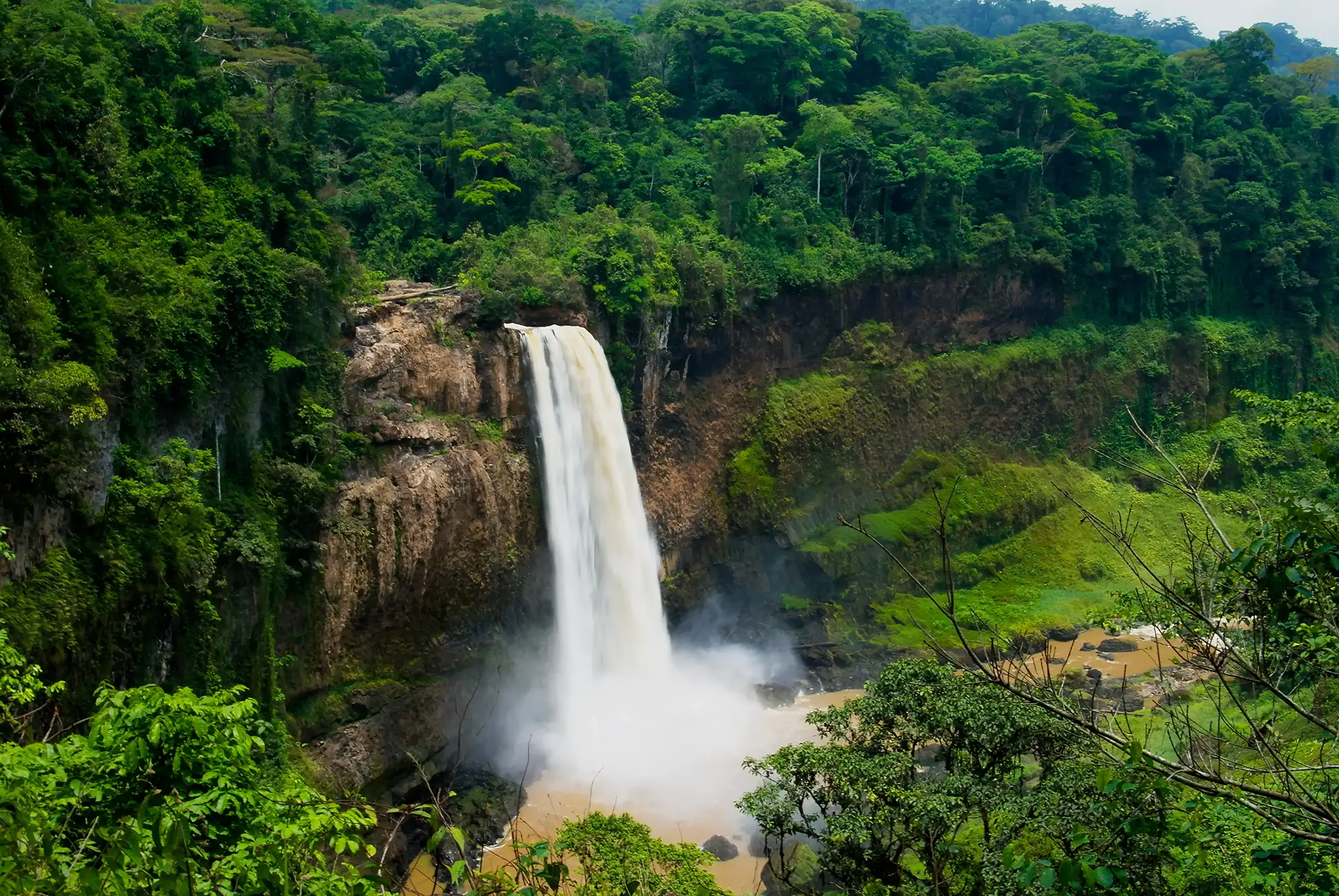 Panorama of main cascade of Ekom waterfall at Nkam river, Cameroon.