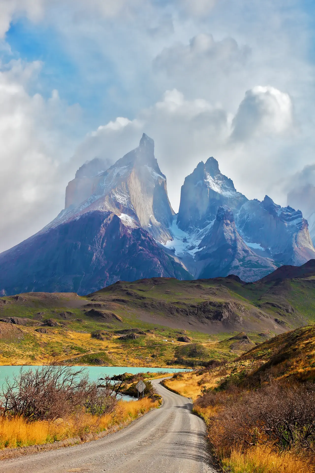 View of Los Cuernos at Torres del Paine National Park, Chile.