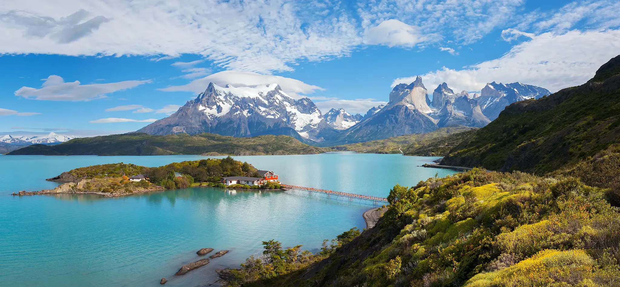 Panoramic view of Lake Pehoé at Torres del Paine National Park, Chile.