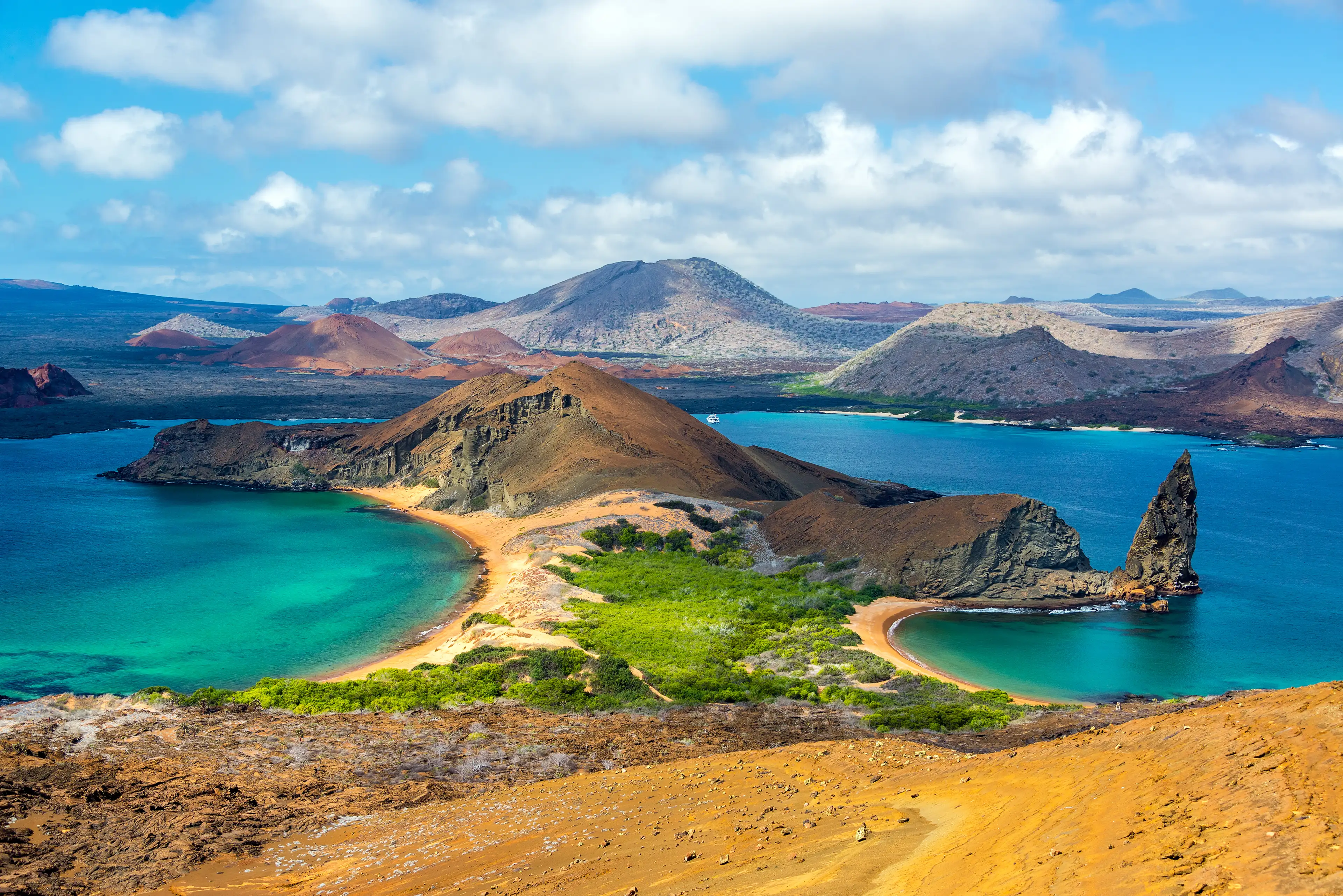View of two beaches on Bartolome Island in the Galapagos Islands in Ecuador.