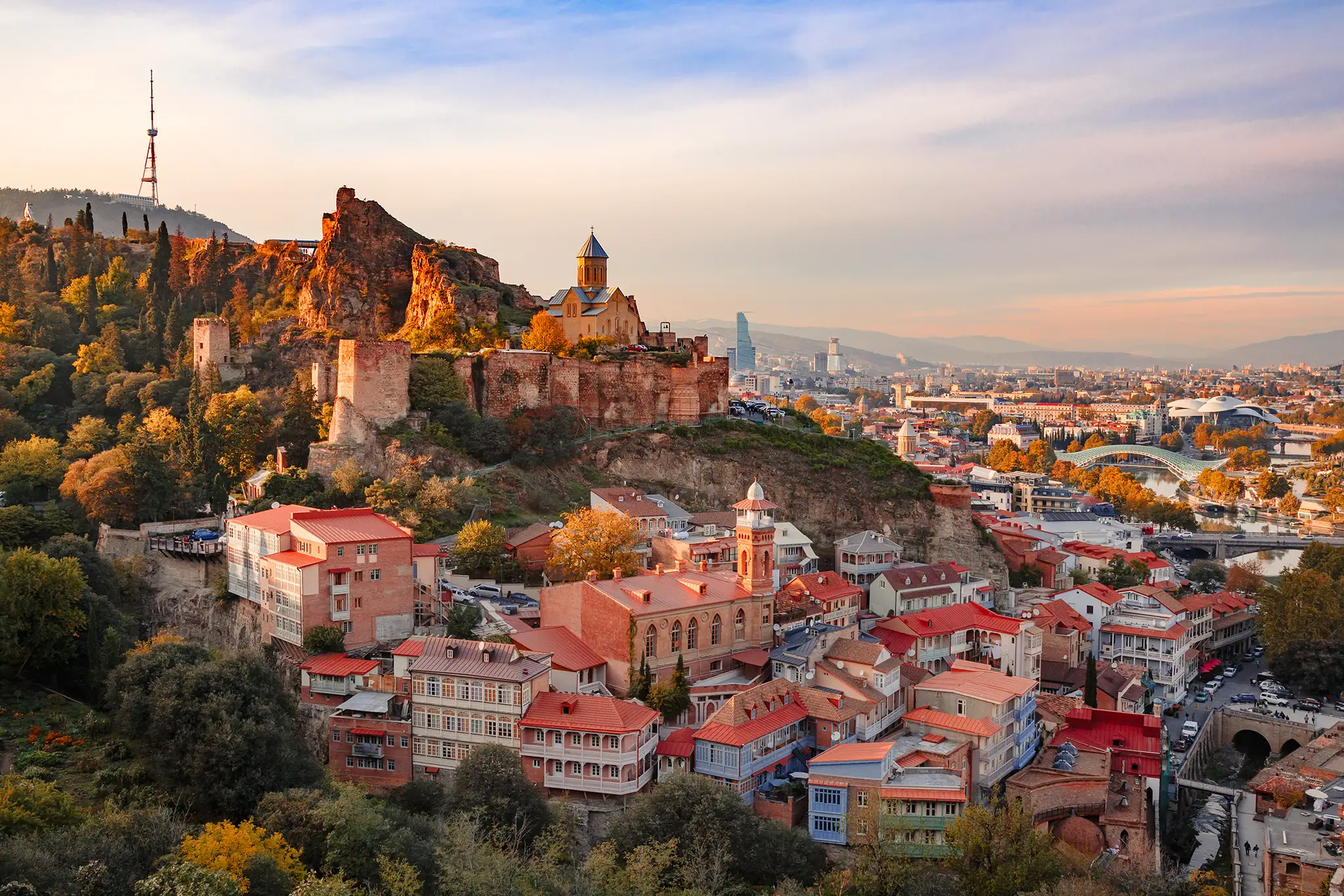 Beautiful sunset view of Old Tbilisi from the hill.