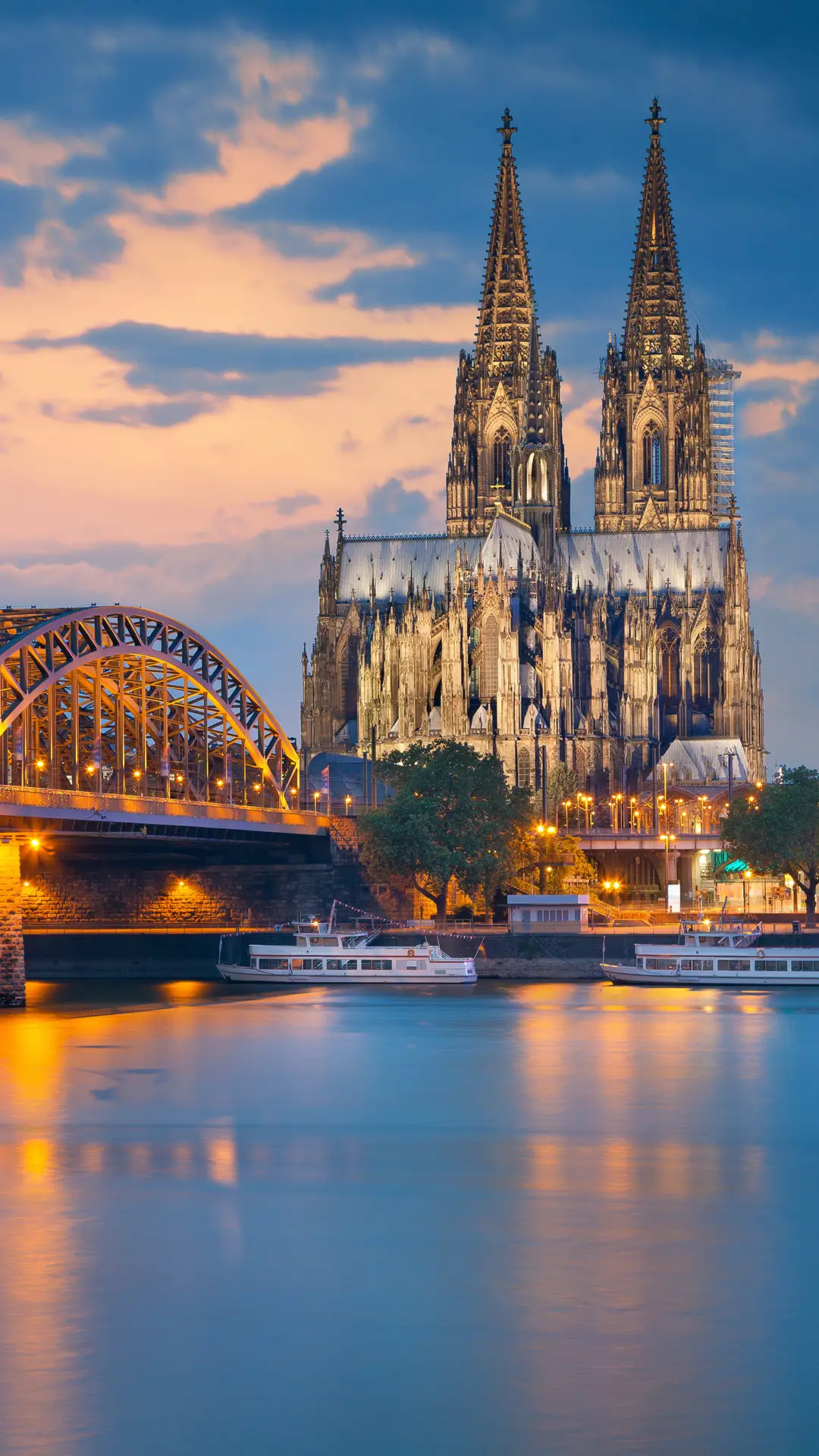 View of the cathedral across the Rhine in Cologne, Germany.