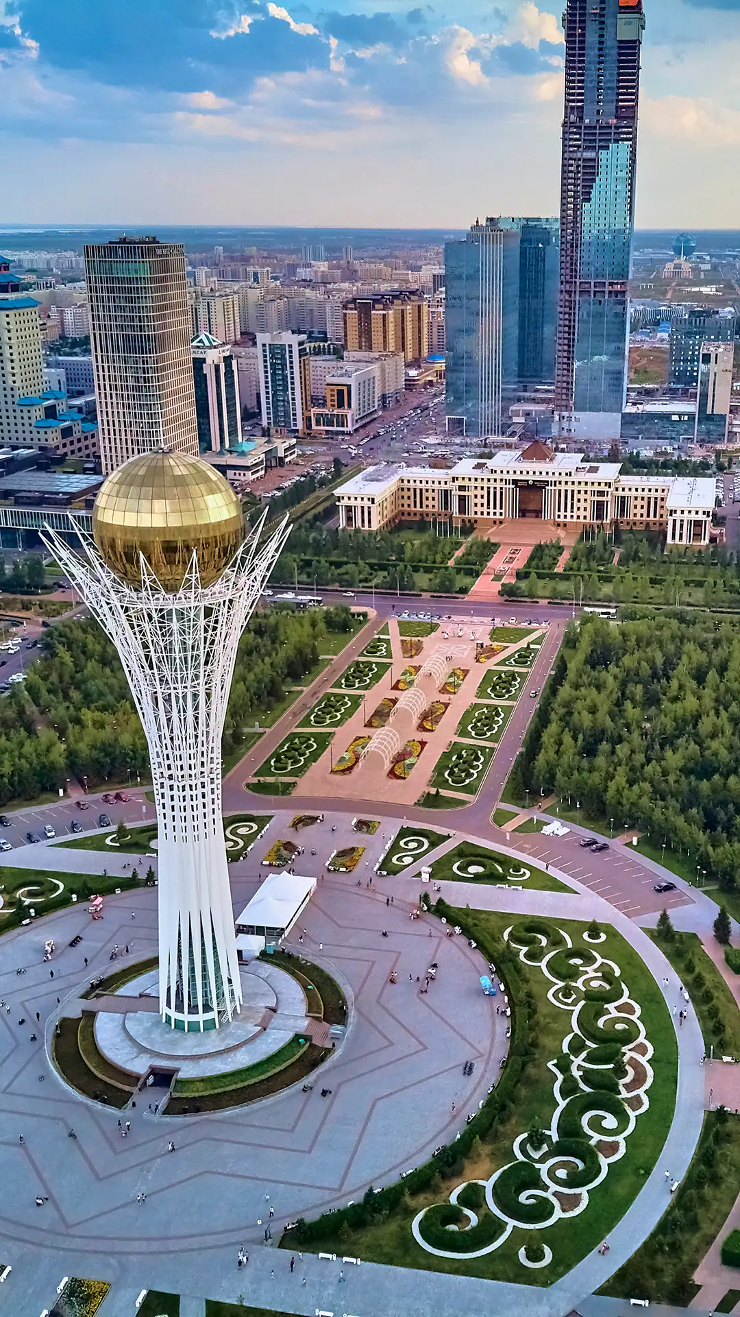View of Nursultan (Astana) city centre with skyscrapers and Baiterek Tower.