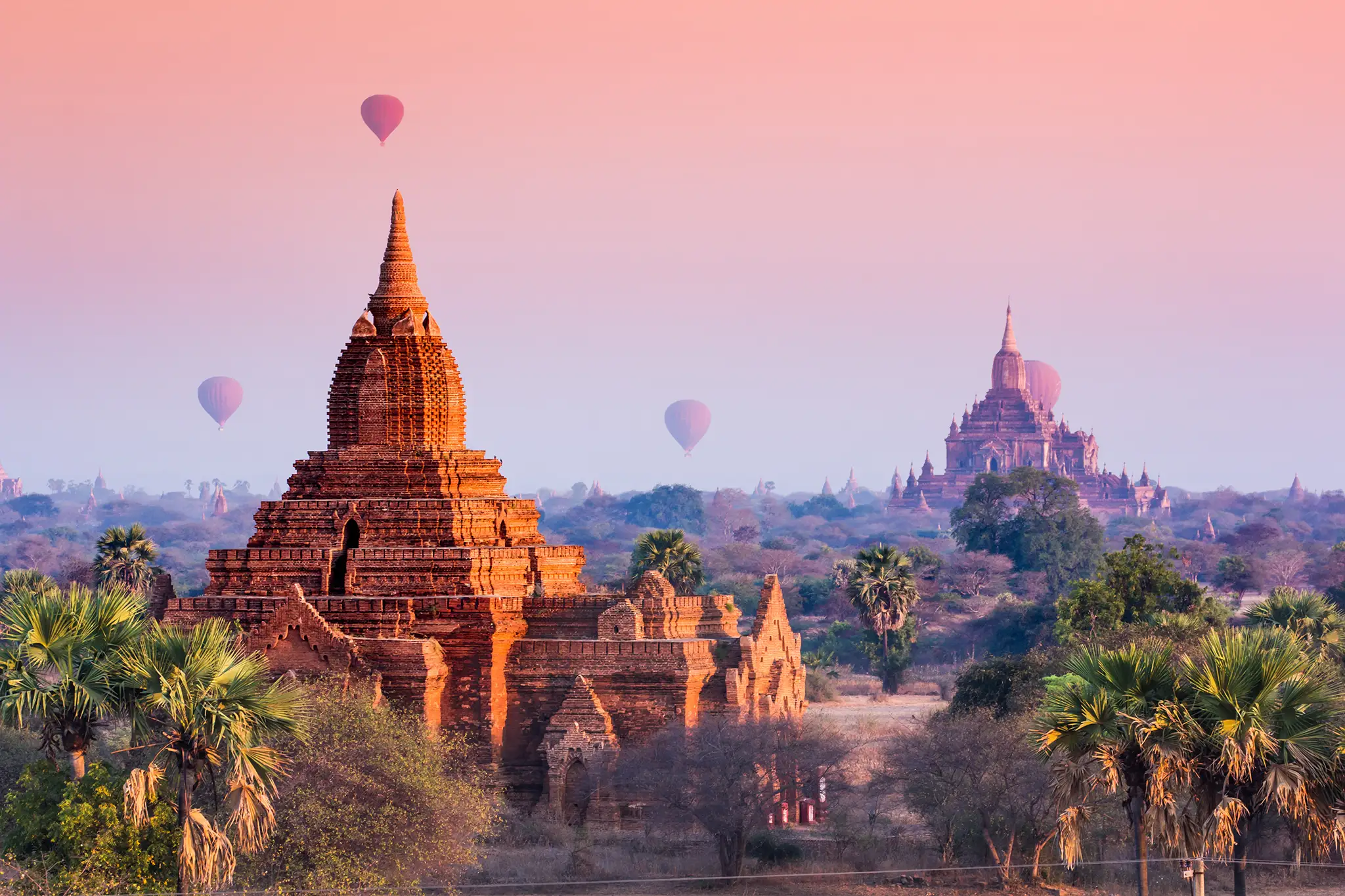 Hot air balloons flying over Bagan, Myanmar.