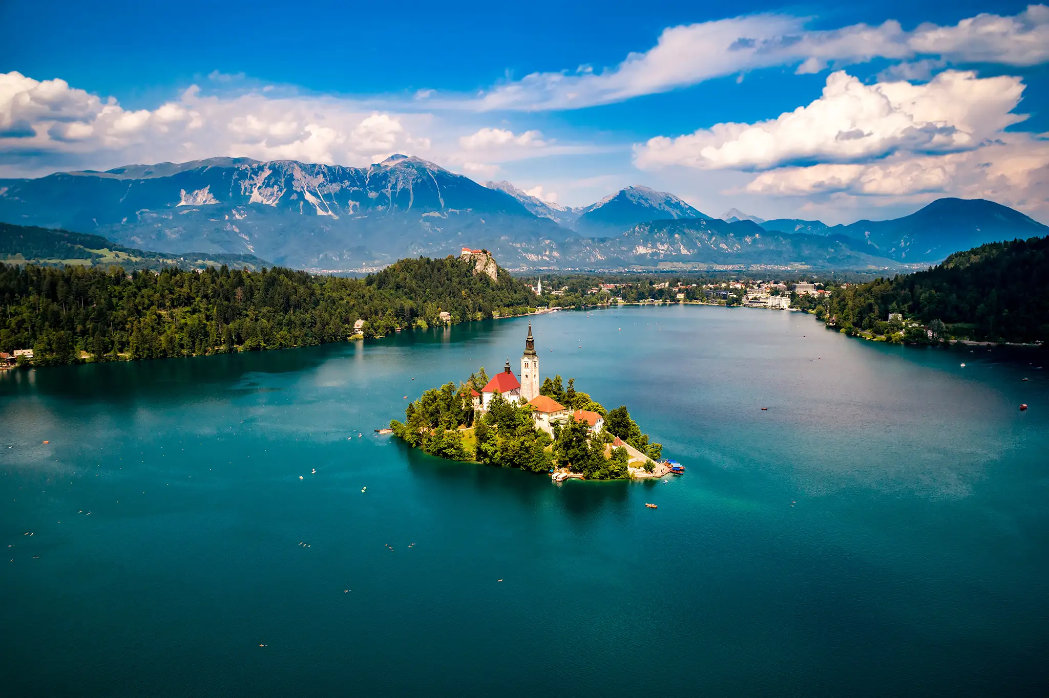 Aerial view of Lake Bled, Slovenia.