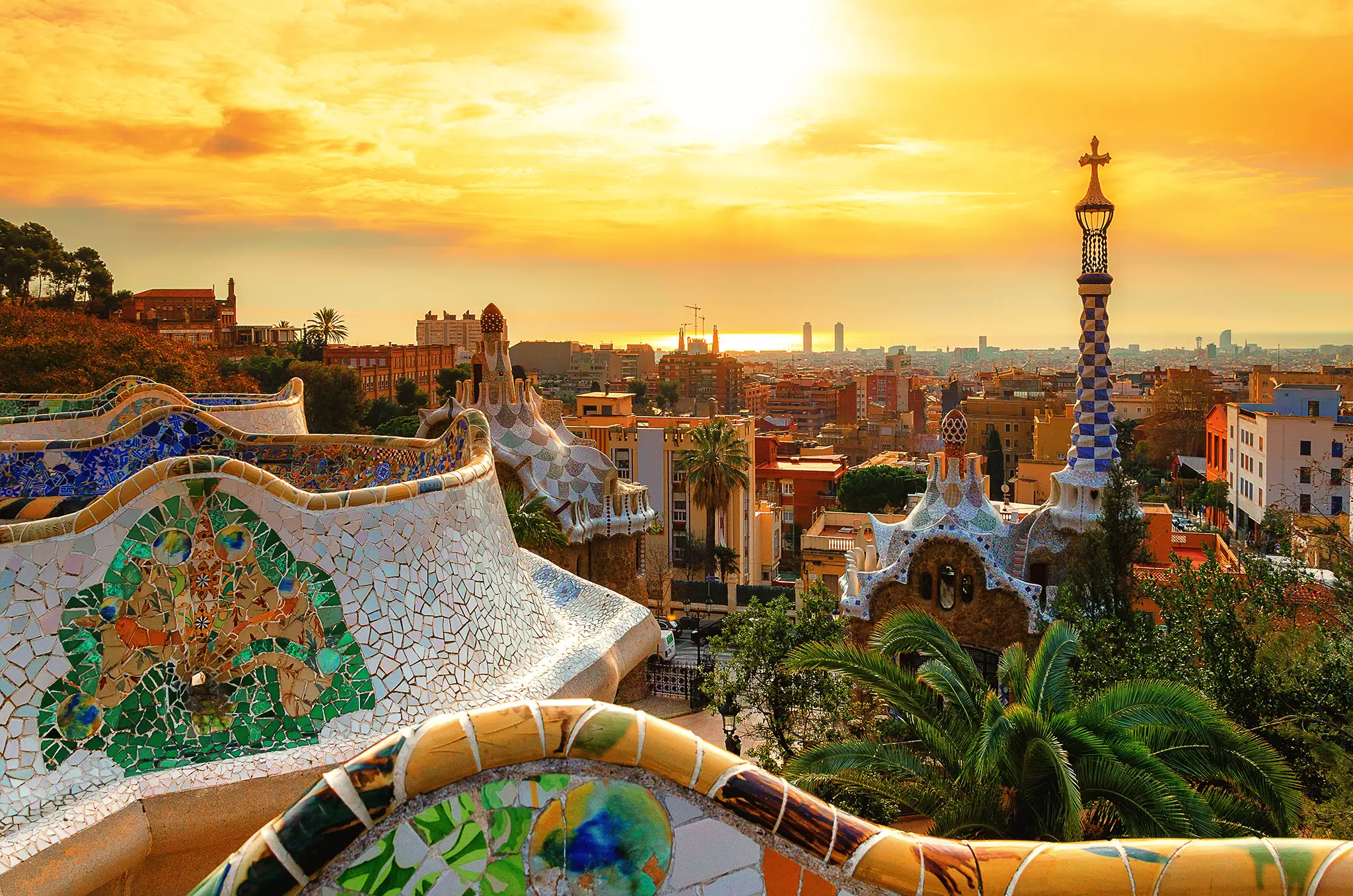 View of the city from Park Guell in Barcelona, Spain.