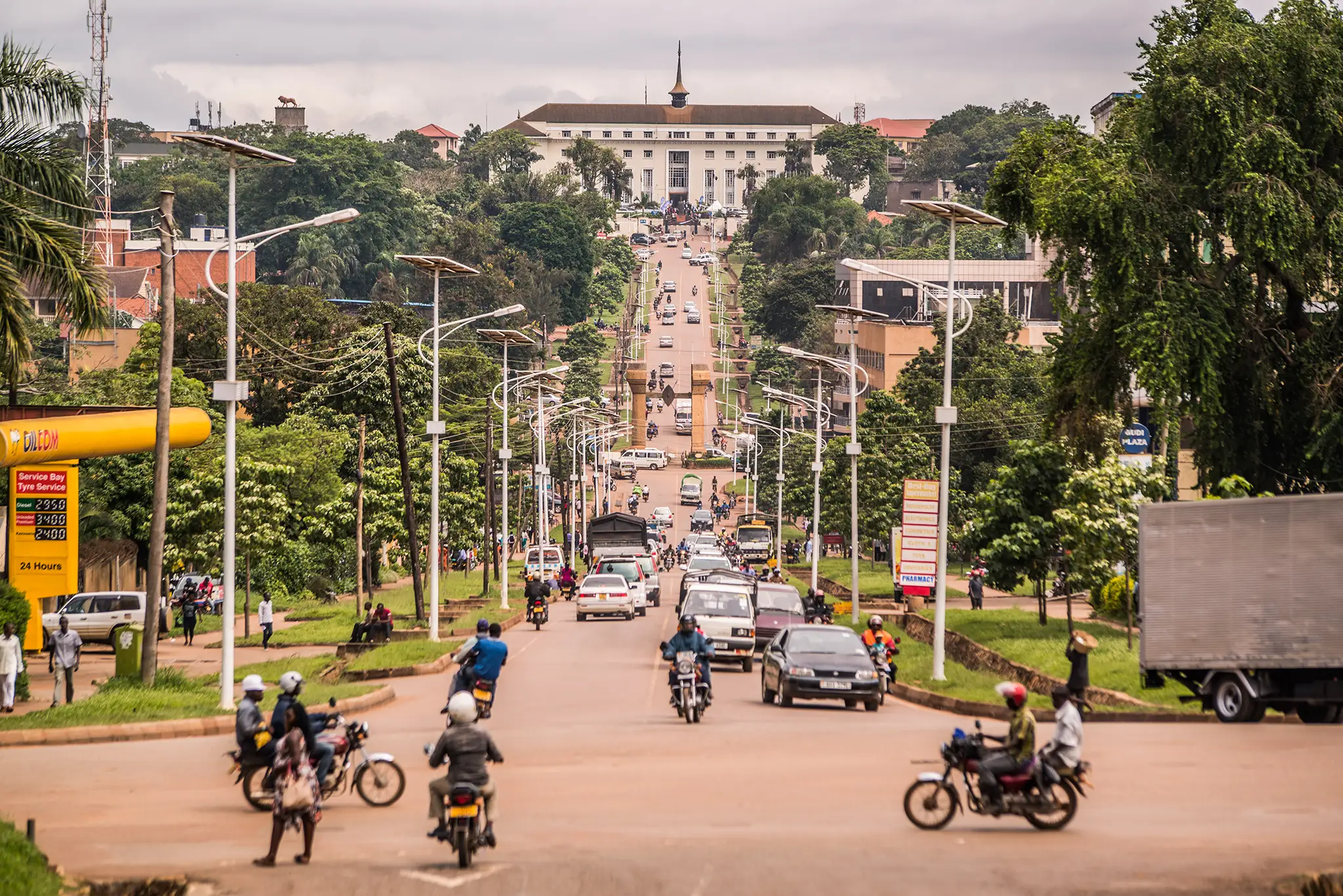 Long straight road to Parliament House in Kampala, Uganda.