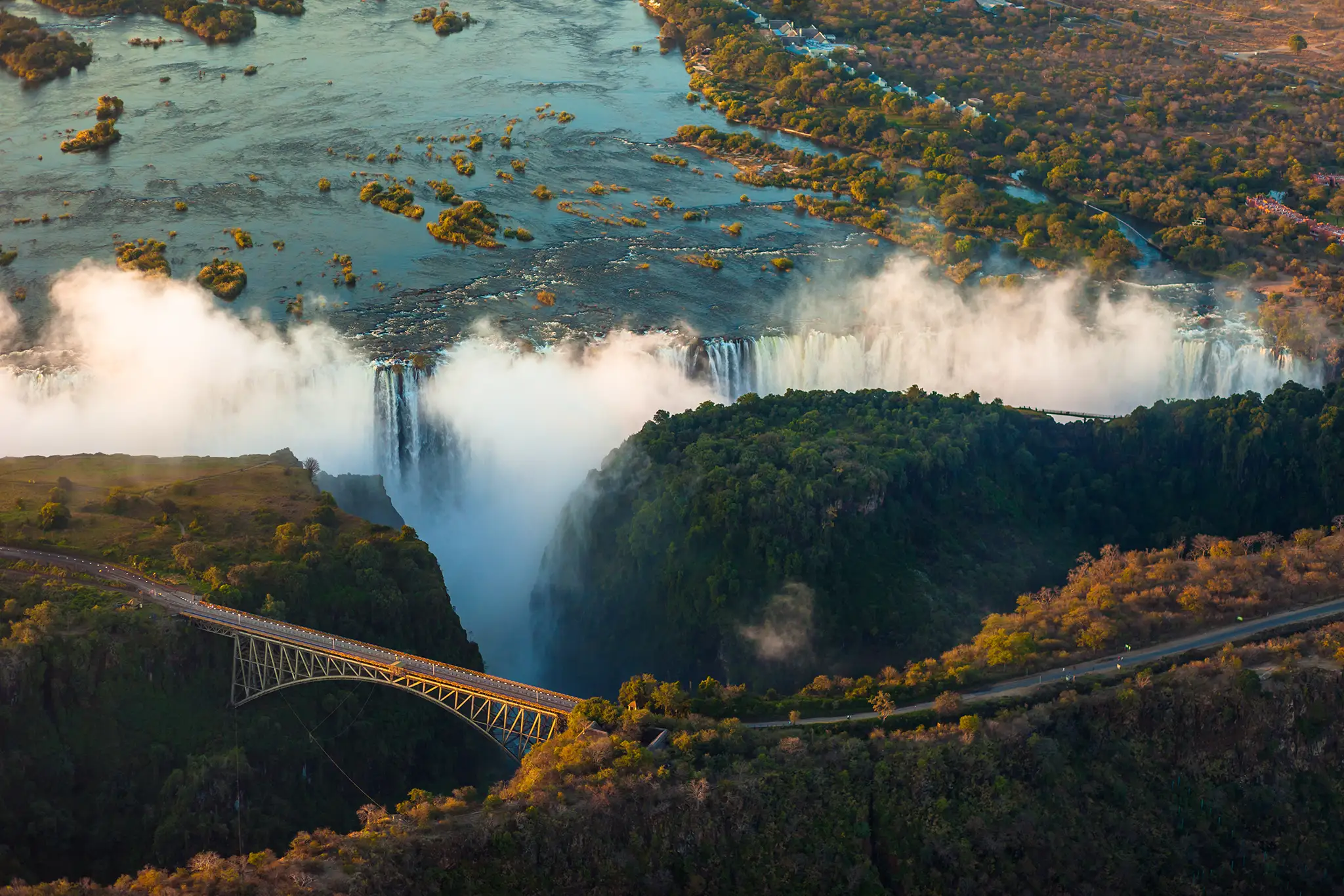 Victoria Falls from the air in the afternoon, Zimbabwe.