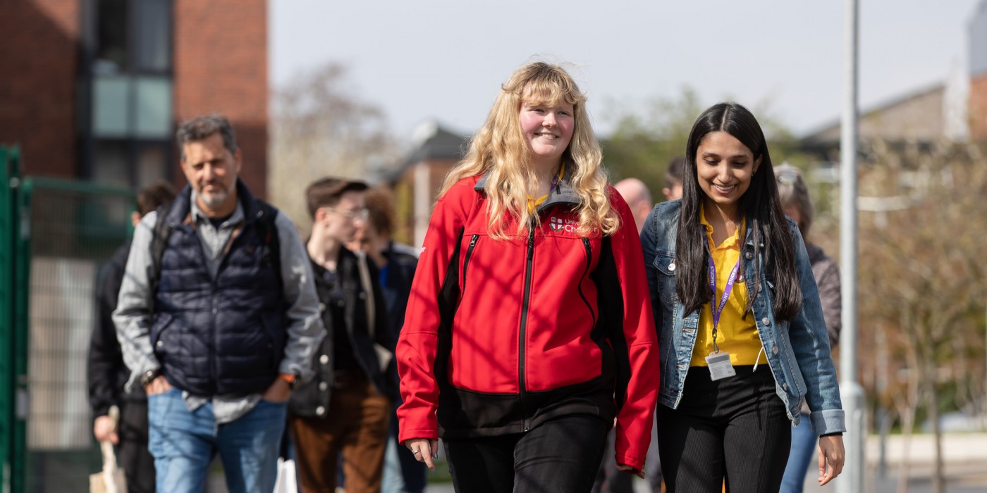 A University of Chester student ambassador leading an Open Day campus tour