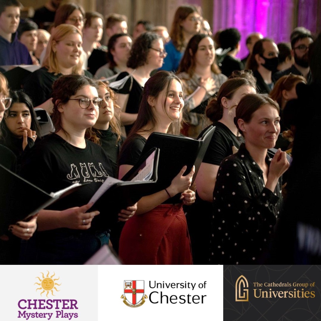 Choir of people holding books with songs, smiling. UoC + Chester Mystery Plays + The Cathedrals Group of Universities logos at the bottom of photo.