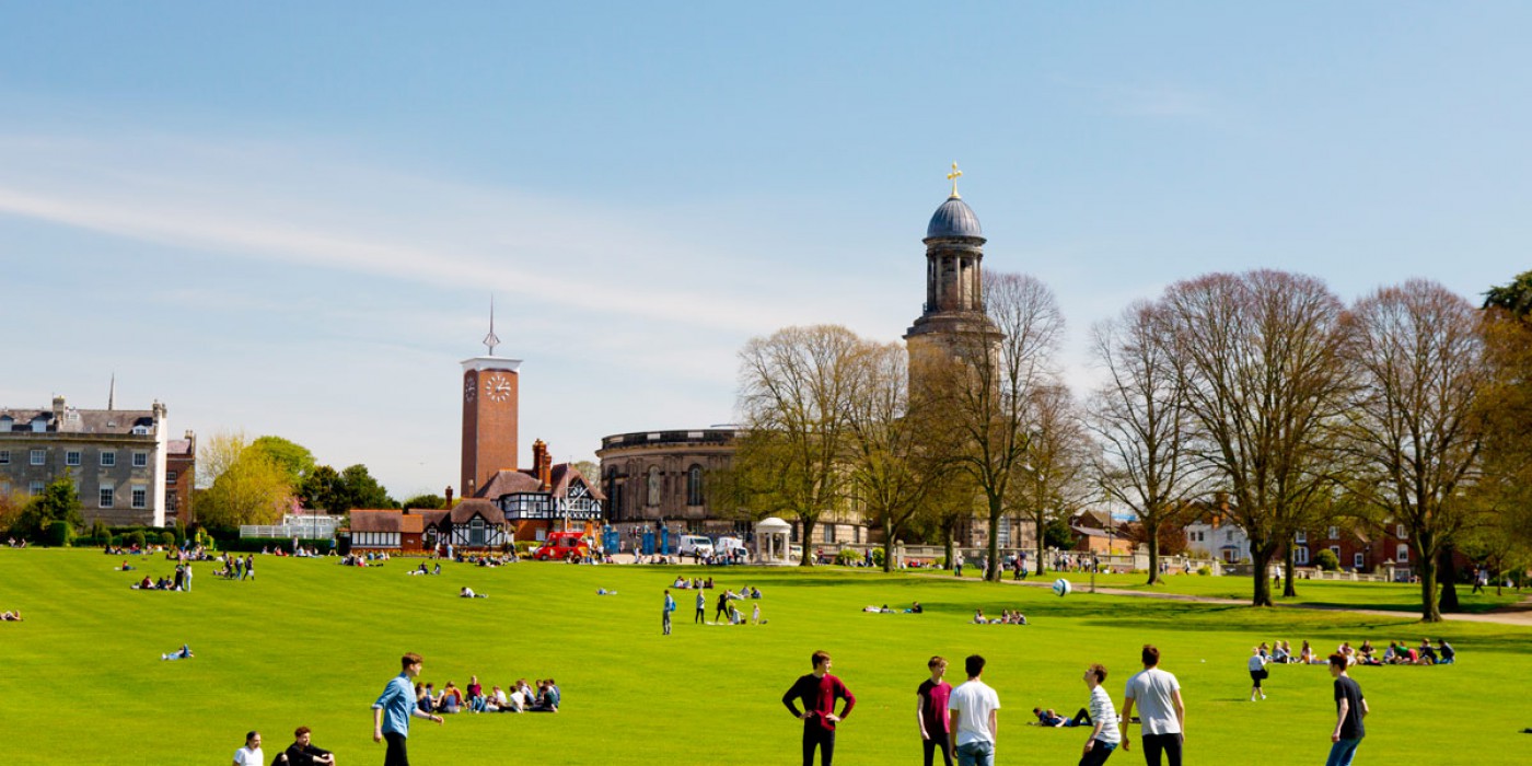 Attractive green space with historic buildings in Shrewsbury