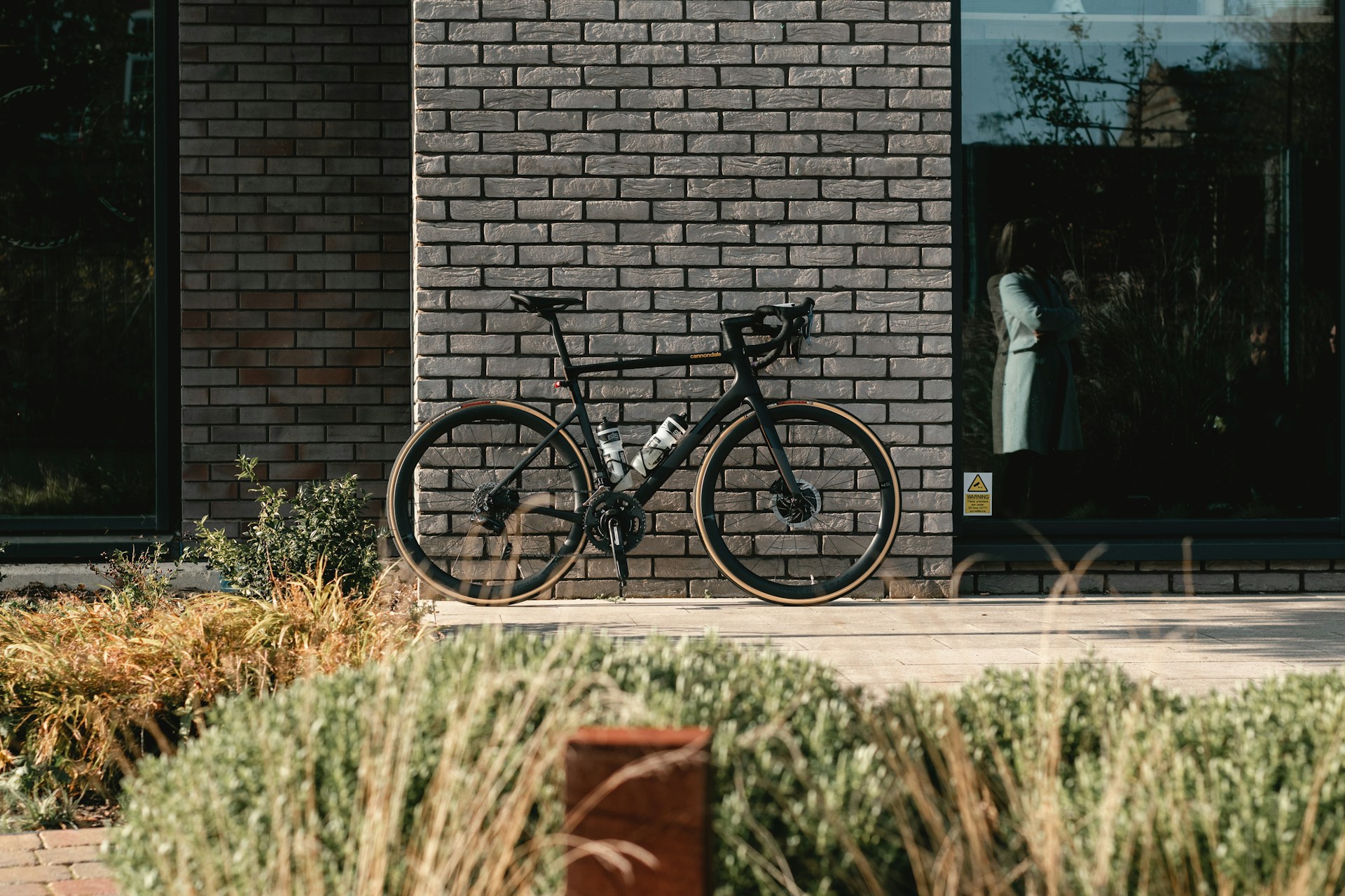 A bicycle propped up against wall with some grass and plants in the foreground